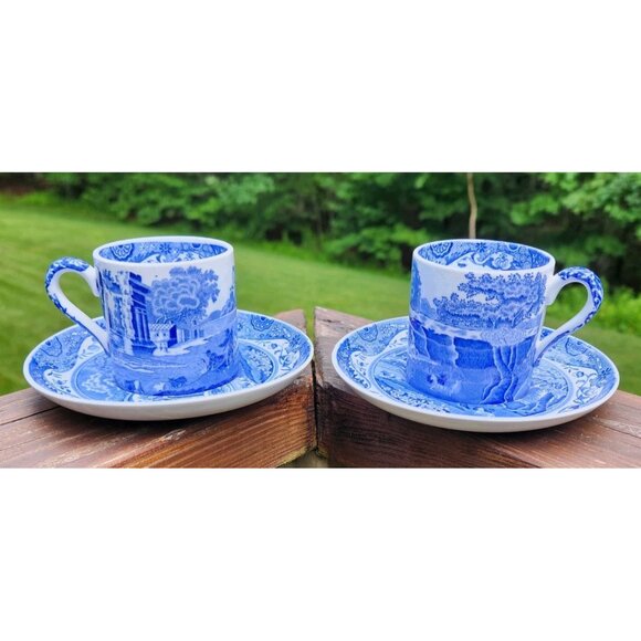 Pair SPODE Blue Italian Pattern Demitasse Espresso Coffee Cup and